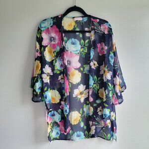 EUC Pink Lily Size Small Womens Navy Floral Kimono